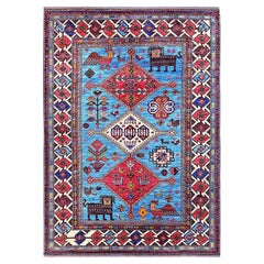 6'x8'1" Blue Afghan Ersari with Caucasian Design Revival Hand Knotted Wool Rug