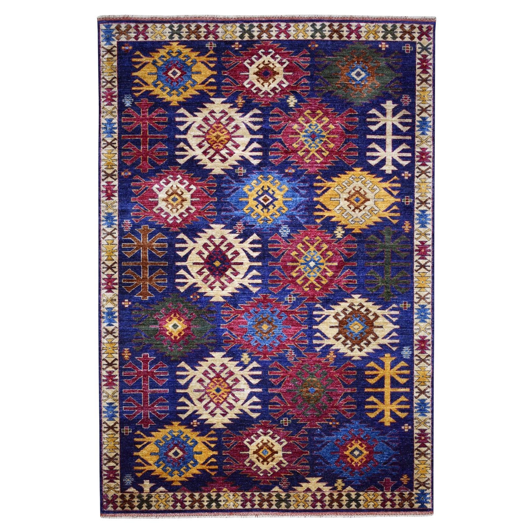 6'x8'10" Afghan Ersari with Large Repetitive Colorful Symbols Hand Knotted Rug For Sale
