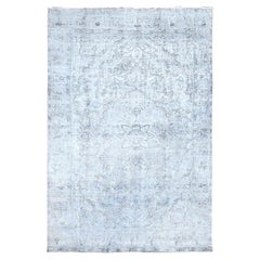 6'x8'10" Blue Gray Shiny Wool Hand Knotted Vintage Zoroastrian Tebraz Rug