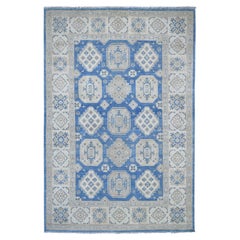 6'x8'10" Blue Vintage Look Kazak with Geometric Elements Wool Hand Knotted Rug