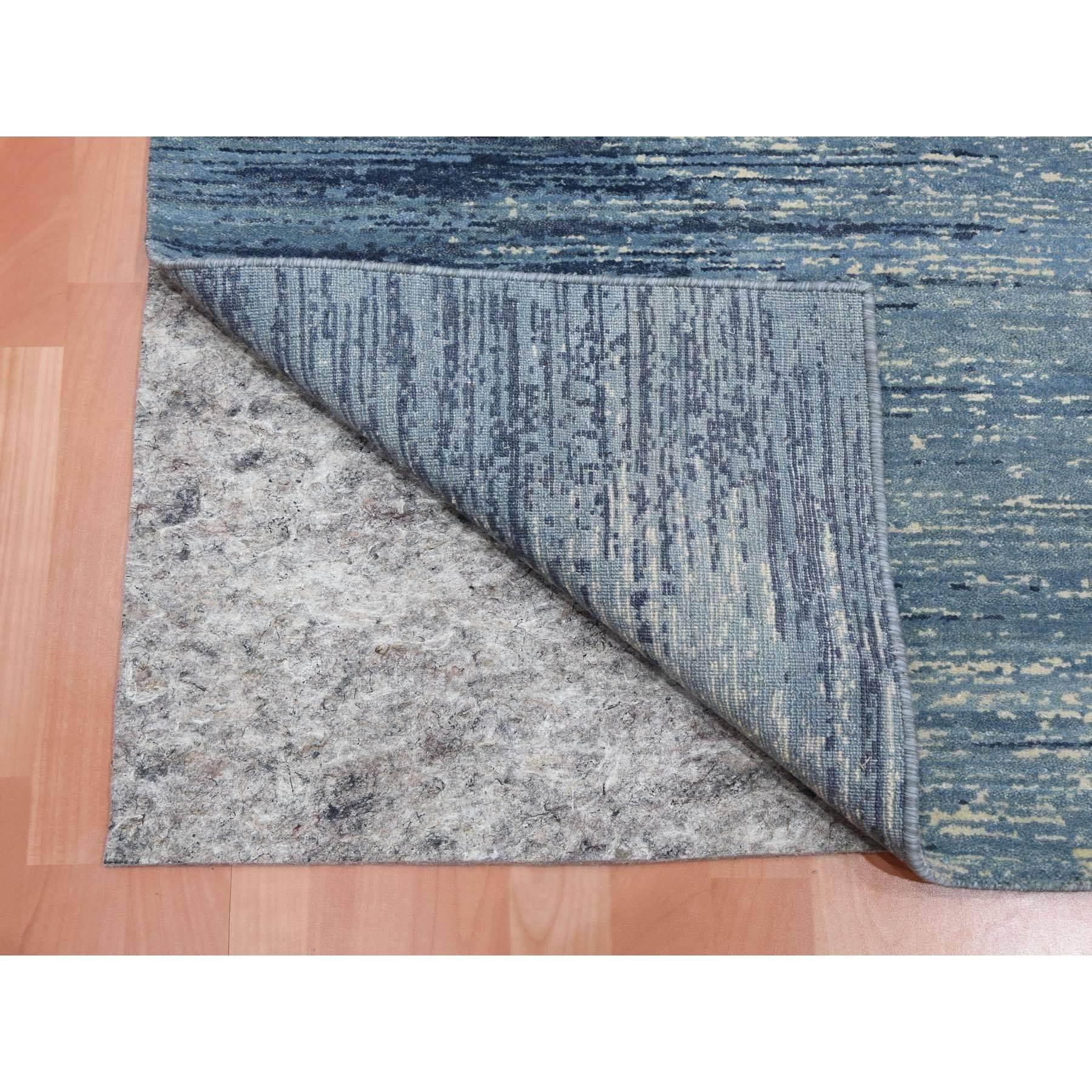 Médiéval Tapis noué à la main bleu avec un motif horizontal ivoire de 6'x8'10