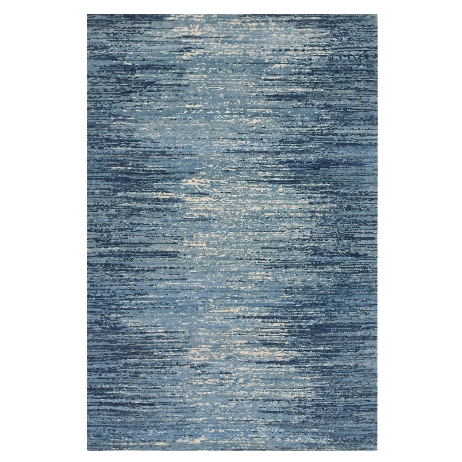 6'x8'10" Blue with Ivory Horizontal Ombre Design Pure Wool Hand Knotted Rug