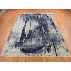 6'x8'10" Blue, Wool and Silk, Japanese Shibori Design Hand Knotted Rug