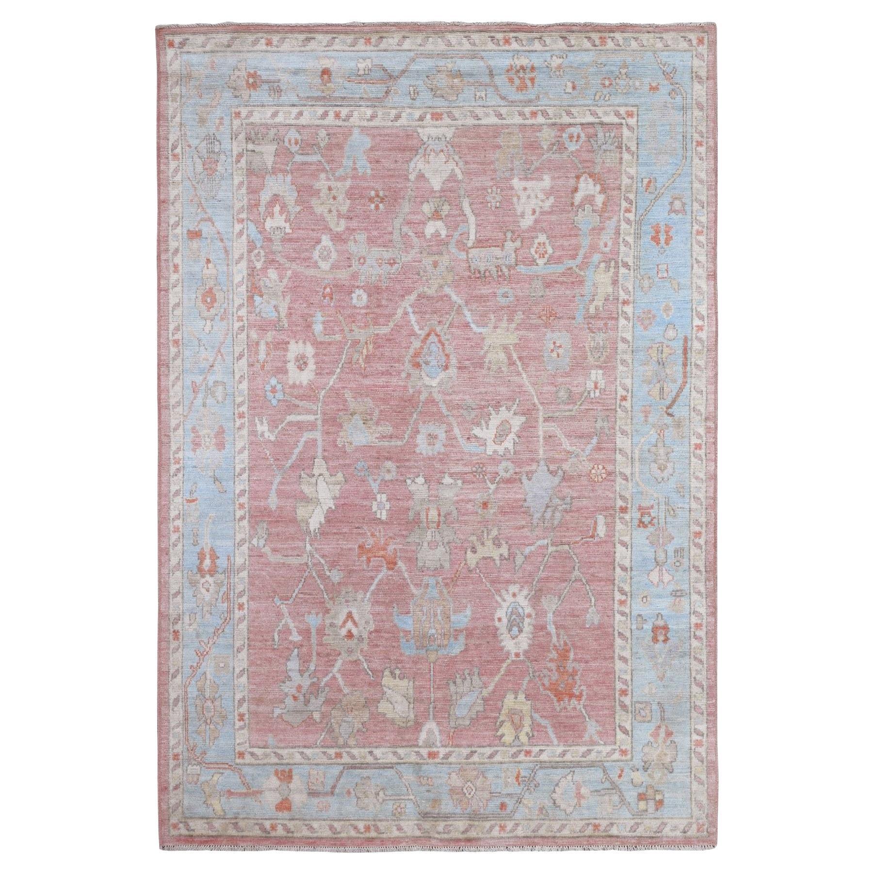 6'x8'10" Candy Pink Afghan Angora Oushak Wool Weft Tapis d'Orient