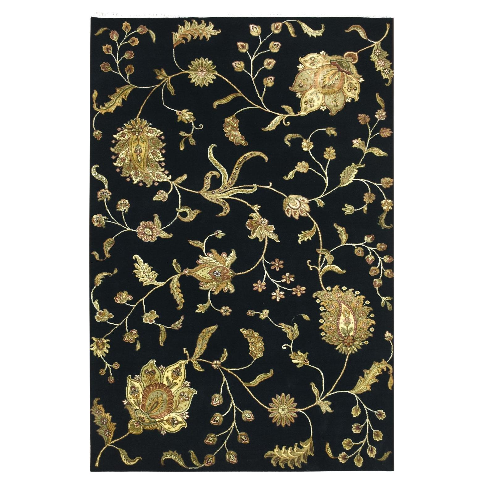 6
x8
10" Ebano Nero Annodato a Mano Disegno Botanico Lana e Seta Tappeto Orientale