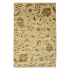 6'x8'10" Ecru Brown Half Wool and Half Silk Botanical Design Hand Knotted Rug