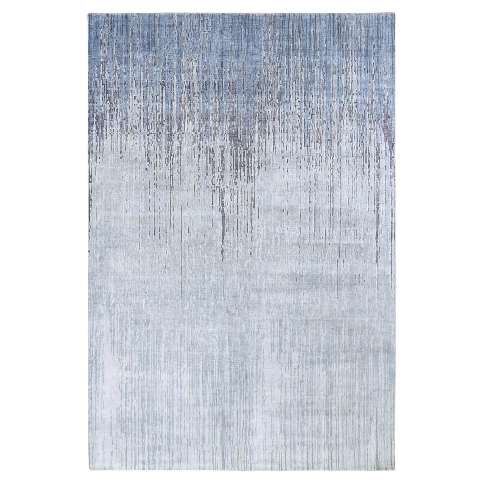 6'x8'10" Gray Vertical Ombre Design Pure Silk Hand Knotted Oriental Rug