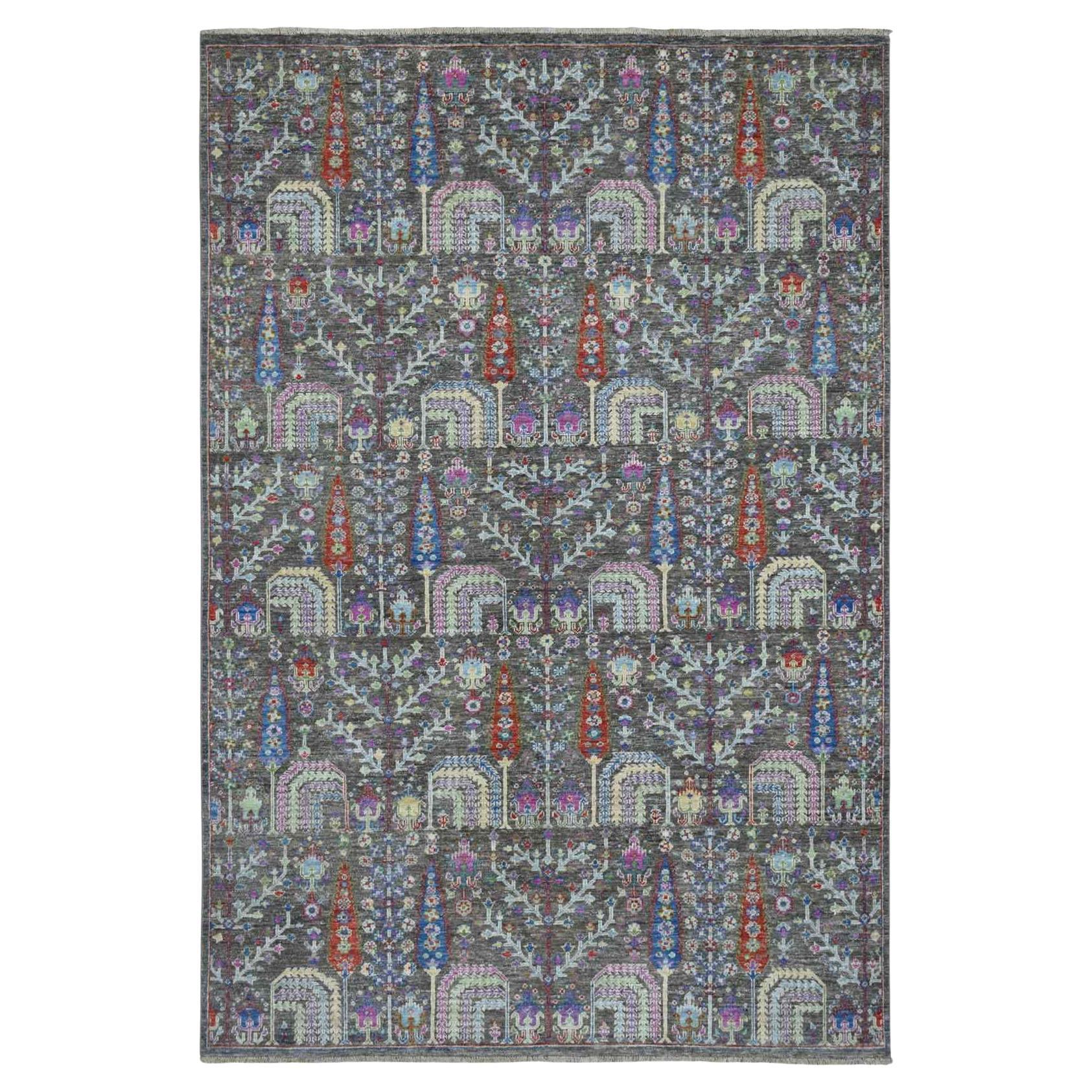 6'x8'10" Gray With Pop Of Color Willow And Cypress Tree Design Hand Knotted Rug For Sale