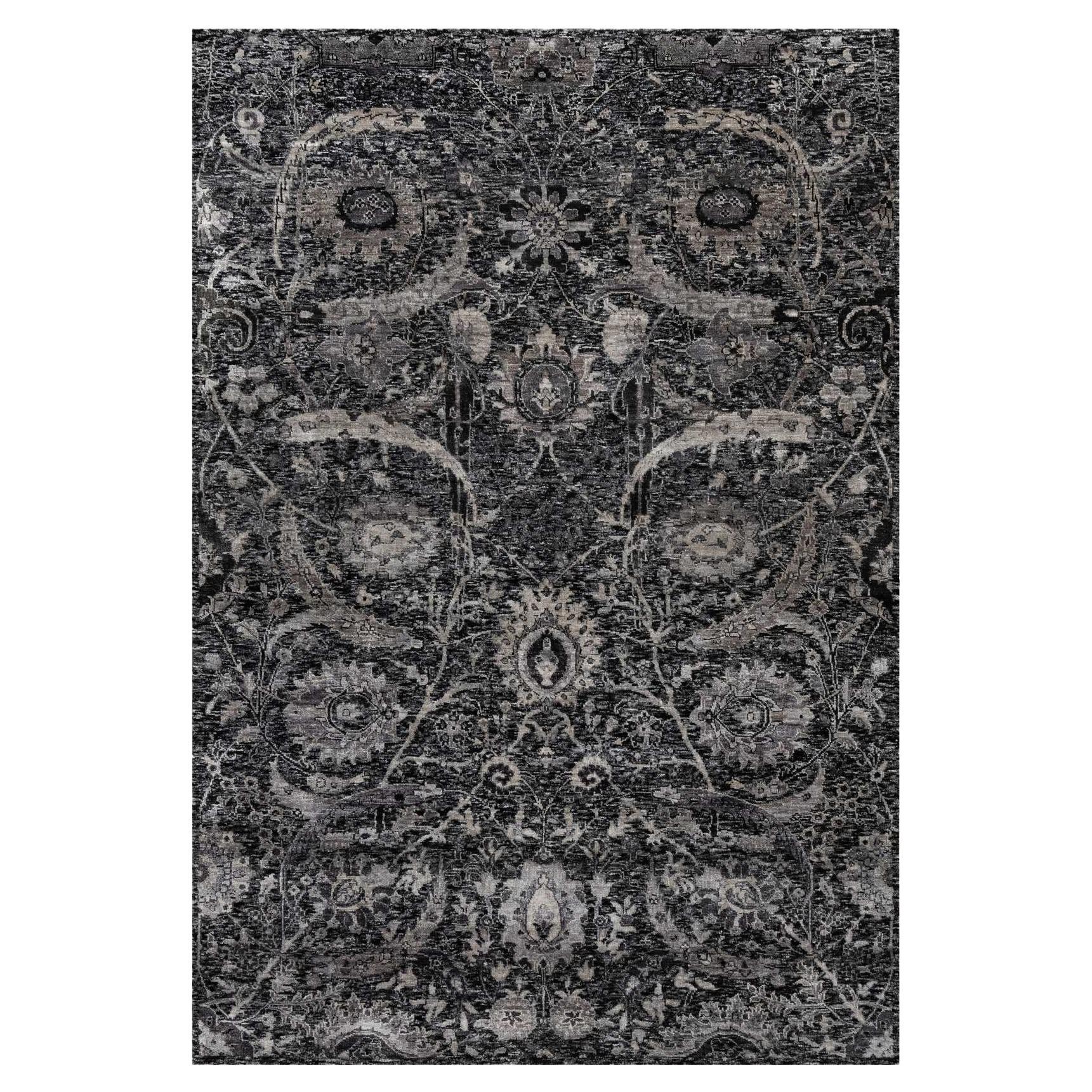 6'x8'10" Obsidian Black Wool and Silk Hand Knotted Sickle Leaf Design Rug For Sale