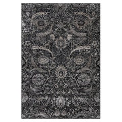 6'x8'10" Obsidiana Alfombra de Lana y Seda Negra Anudada a Mano con Diseño de Hoja de Hoz