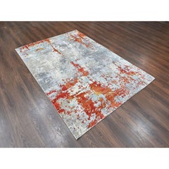 6'x8'10" Orange with Gray Abstract Design Hand Knotted Wool & Silk Oriental Rug