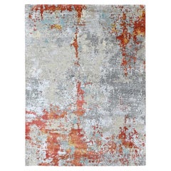 6'x8'10" Orange with Gray Abstract Design Hand Knotted Wool & Silk Oriental Rug