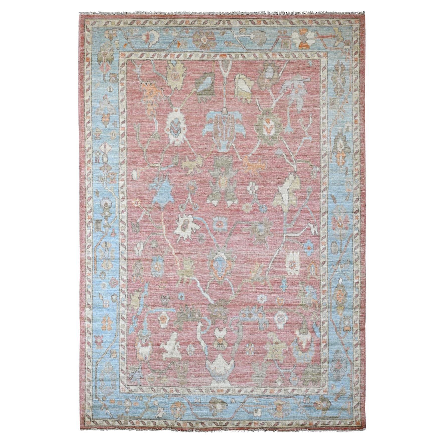 Tapis en laine pure rouge rose afghan Angora Oushak noué à la main 6'x8'10"
