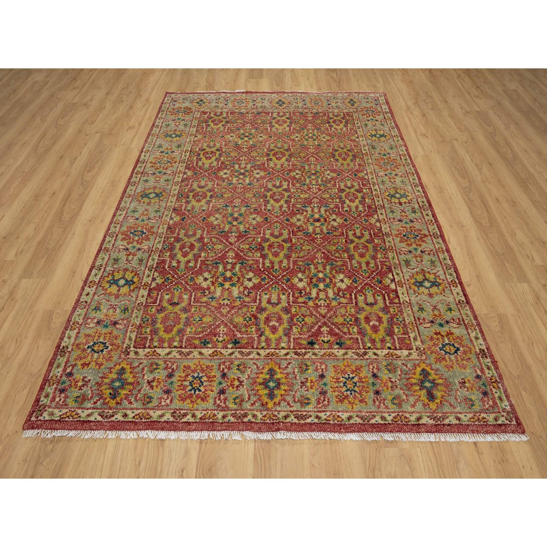Savvy Red, Antiqued Oushak Reimagined with Repetitive Star and Rosette Design, Sheared Low, 100% Wool, Hand Knotted, Oriental Rug
Primary materials: Wool
Latex: No Pile 
height: 0.25 Inches
Style: Traditional
Primary color: Red
Secondary colors: