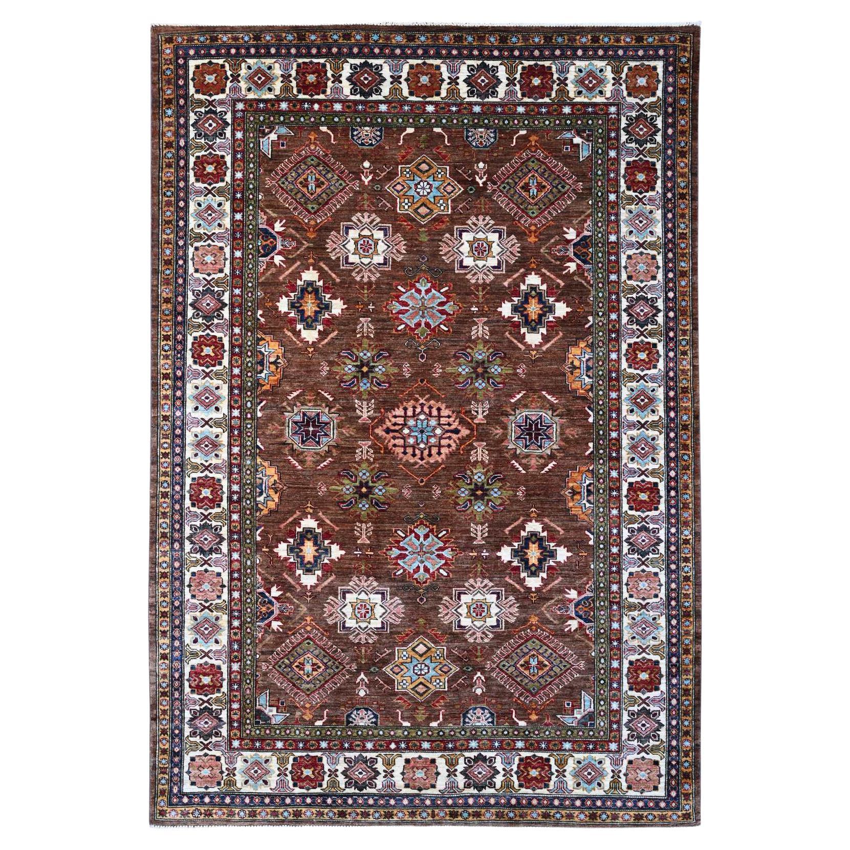 6'x8'10" Sepia Brown Hand Knotted Geometric Pattern Super Kazak Oriental Rug