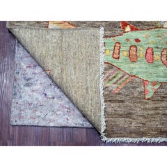 6'x8'10" Stone Gray Afghan Peshawar Oceanic Fish Design Hand Knotted Wool Rug