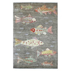 6'x8'10" Stone Gray Afghan Peshawar Oceanic Fish Design Hand Knotted Wool Rug