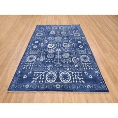 6'x8'10" Tone On Tone Tabriz Hand Knotted Wool and Silk Denim Blue Oriental Rug