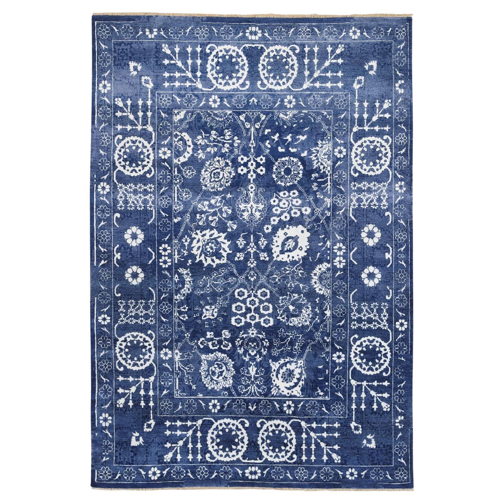 6'x8'10" Tone On Tone Tabriz Hand Knotted Wool and Silk Denim Blue Oriental Rug