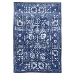 6'x8'10" Tone On Tone Tabriz Hand Knotted Wool and Silk Denim Blue Oriental Rug