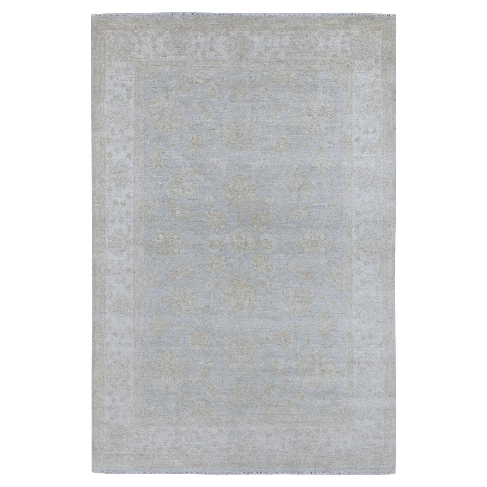 6'x8'10" White Wash Peshawar Pure Velvety Wool Light Gray Hand Knotted Rug For Sale