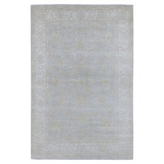 Alfombra anudada a mano de lana aterciopelada pura Peshawar de 6'x8'10" blanco lavado gris claro
