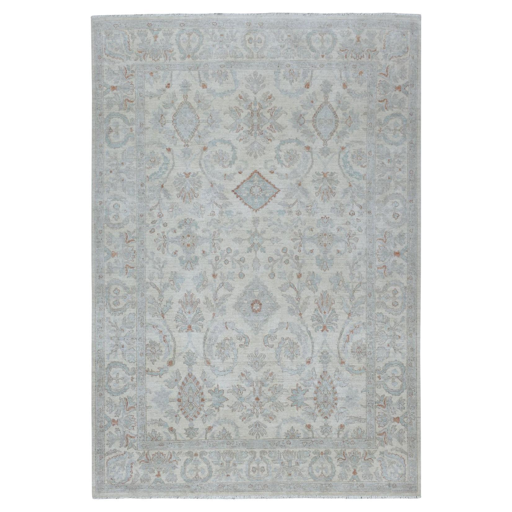 6'x8'10" White Wash Peshawar Reine Wolle Handgeknüpft Orientteppich