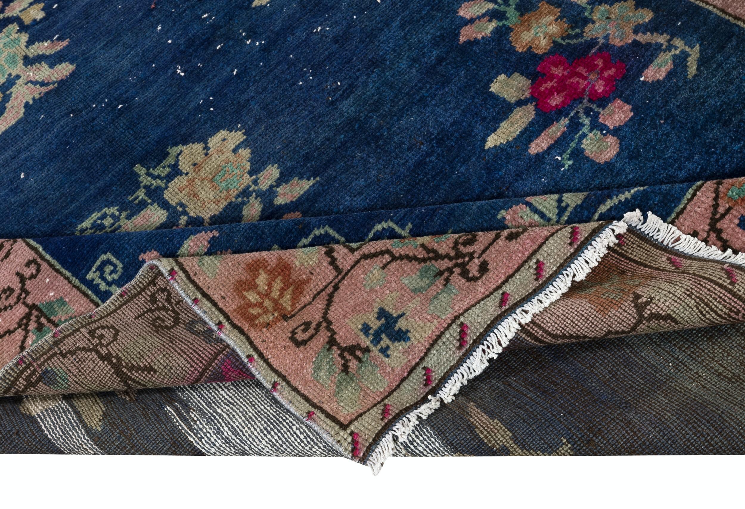 Turkish 6x8.2 Ft Chinese Art Deco Inspired Vintage Handmade Area Rug in Dark Blue Color For Sale
