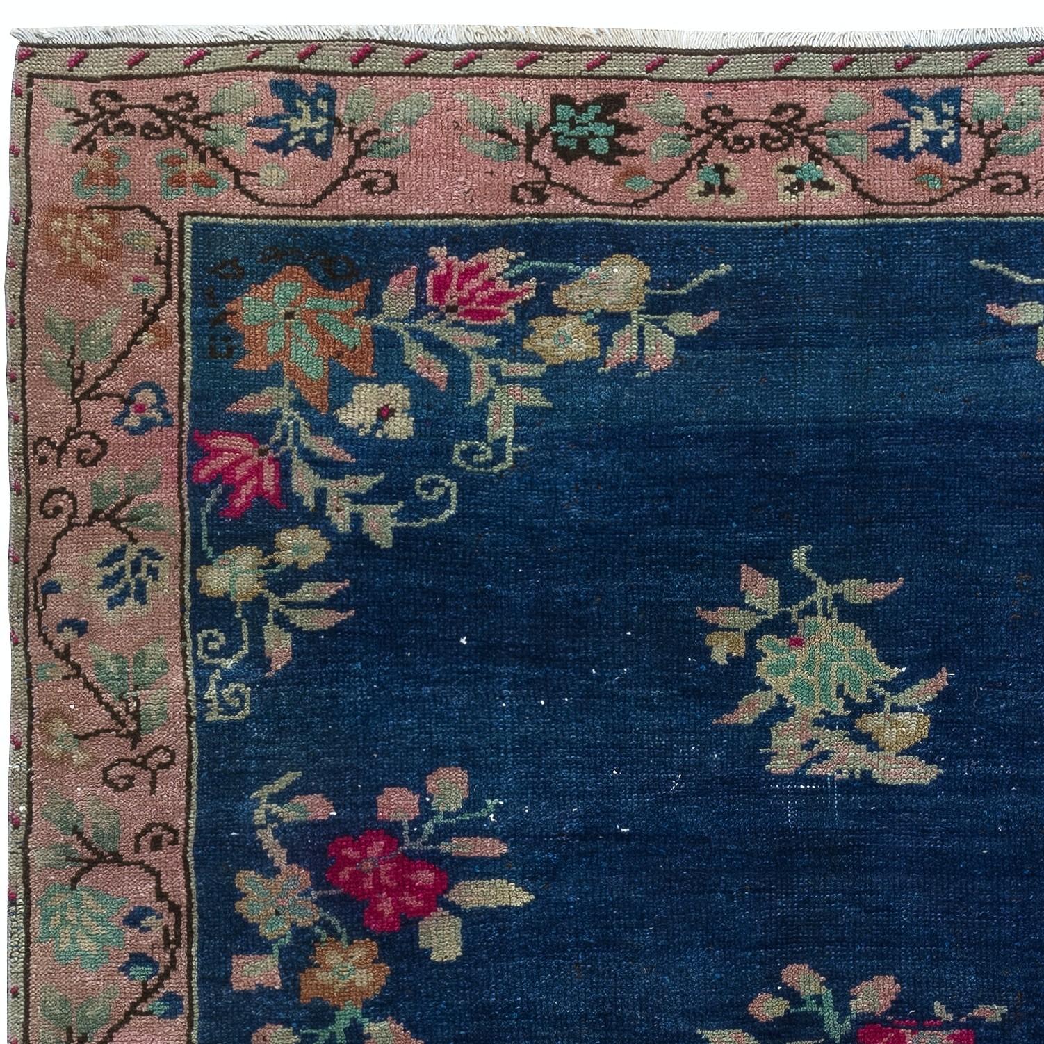 Hand-Knotted 6x8.2 Ft Chinese Art Deco Inspired Vintage Handmade Area Rug in Dark Blue Color For Sale