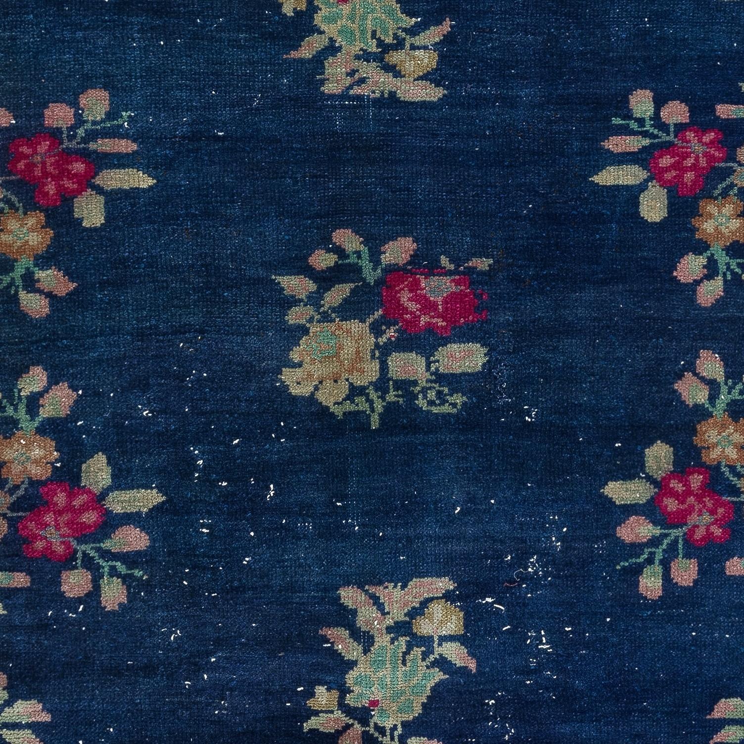 6x8.2 Ft Chinese Art Deco Inspired Vintage Handmade Area Rug in Dark Blue Color In Good Condition For Sale In Spring Valley, NY