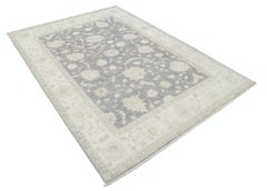 6x8.3 ft Hand Knotted Floral Turkish Area Rug with Gray Field and Beige Border