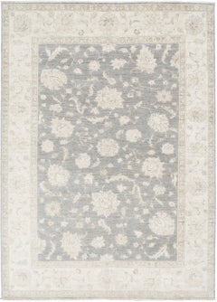 6x8.3 ft Hand Knotted Floral Turkish Area Rug with Gray Field and Beige Border