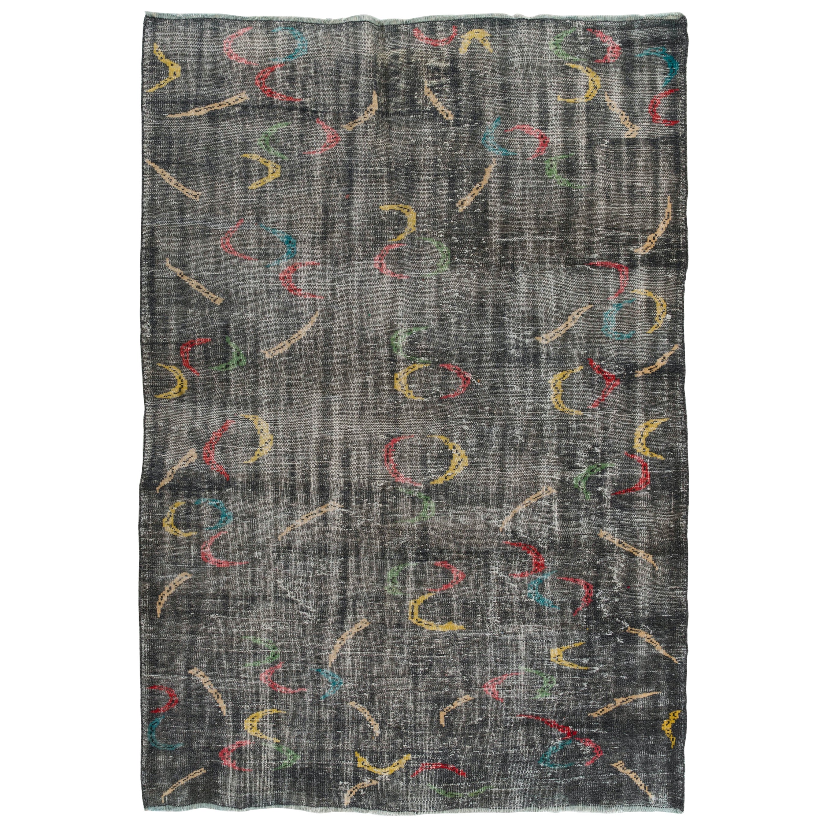 6x8.3 Ft Vintage Handmade Turkish Zeki Muren Rug with Boomerang Shaped Figures For Sale