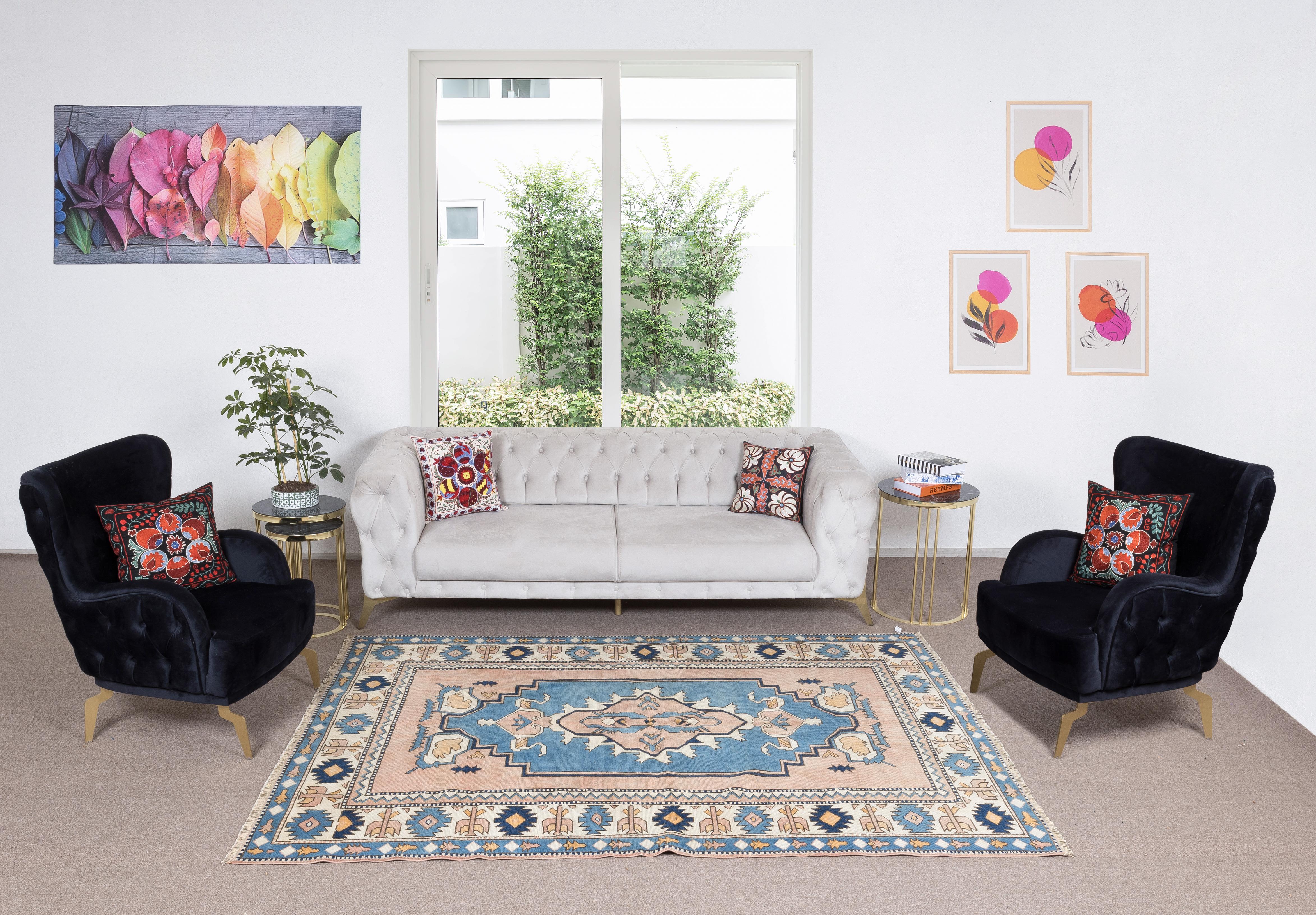 Alfombra contemporánea de Anatolia hecha a mano, de 6x8,4 pies, alfombra moderna con motivos geométricos Anudado a mano en venta
