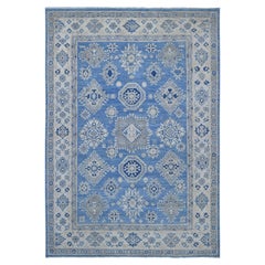 Alfombra de Lana Anudada a Mano Azul Kazak de Aspecto Vintage con Elementos Geométricos 6'x8'5