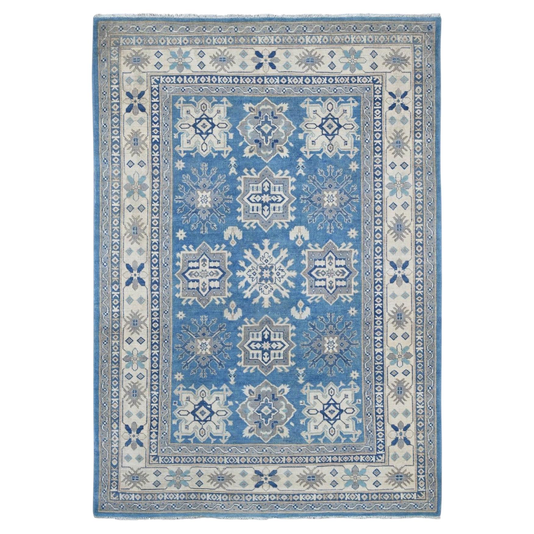 6'x8'5" Blue Vintage Look Kazak with Geometric Elements Wool Hand Knotted Rug