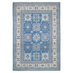 6'x8'5" Blauer Vintage Look Kazak mit geometrischen Elementen Wolle Handgeknüpfter Teppich