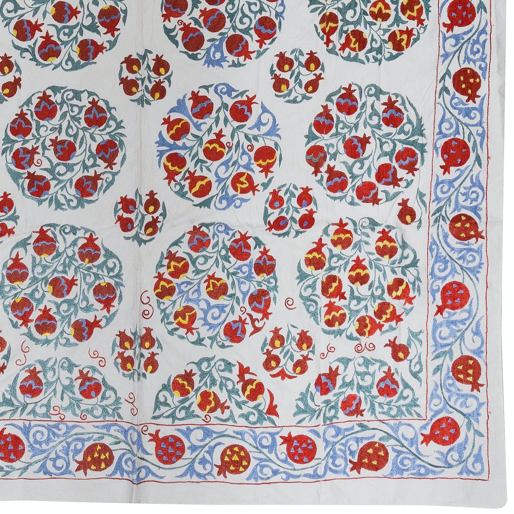 Suzani 6x8.5 ft Silk Embroidery Wall Hanging, Pomegranate Design Bed Cover, Wall Decor For Sale