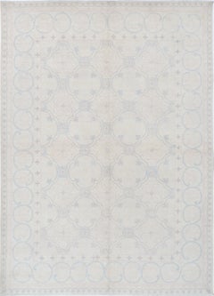 6x8.6 ft Hand Knotted Beige Turkish Oushak Rug with Light Blue Geometric Motifs