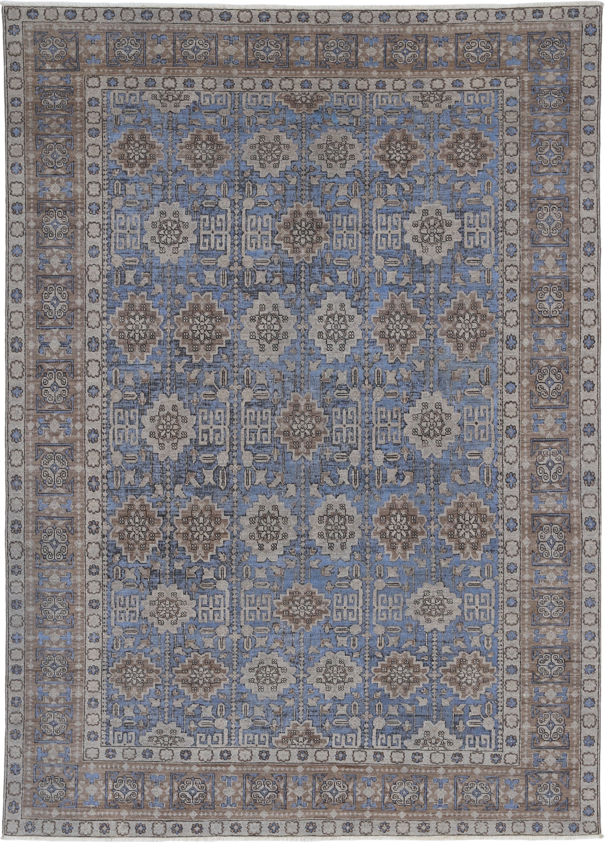 6x8.6 ft Hand Knotted Light Blue, Taupe & Ivory Rug with Geometric Floral Design