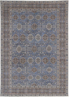 Tappeto 6x8.6 ft annodato a mano di colore blu chiaro, taupe e avorio con design floreale geometrico