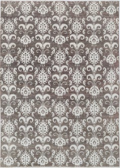 6x8.6 ft Hand Knotted Taupe & Ivory Area Rug with Traditional Ornamental Pattern