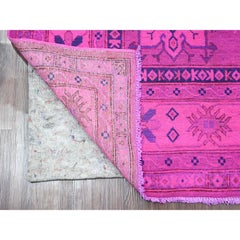 6'x8'6" Fuscia Pink Overdyed Kazak Geometric Pattern Hand Knotted 100% Wool Rug