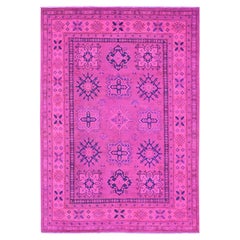 6'x8'6" Fuscia Pink Overdyed Kazak Geometric Pattern Hand Knotted 100% Wool Rug