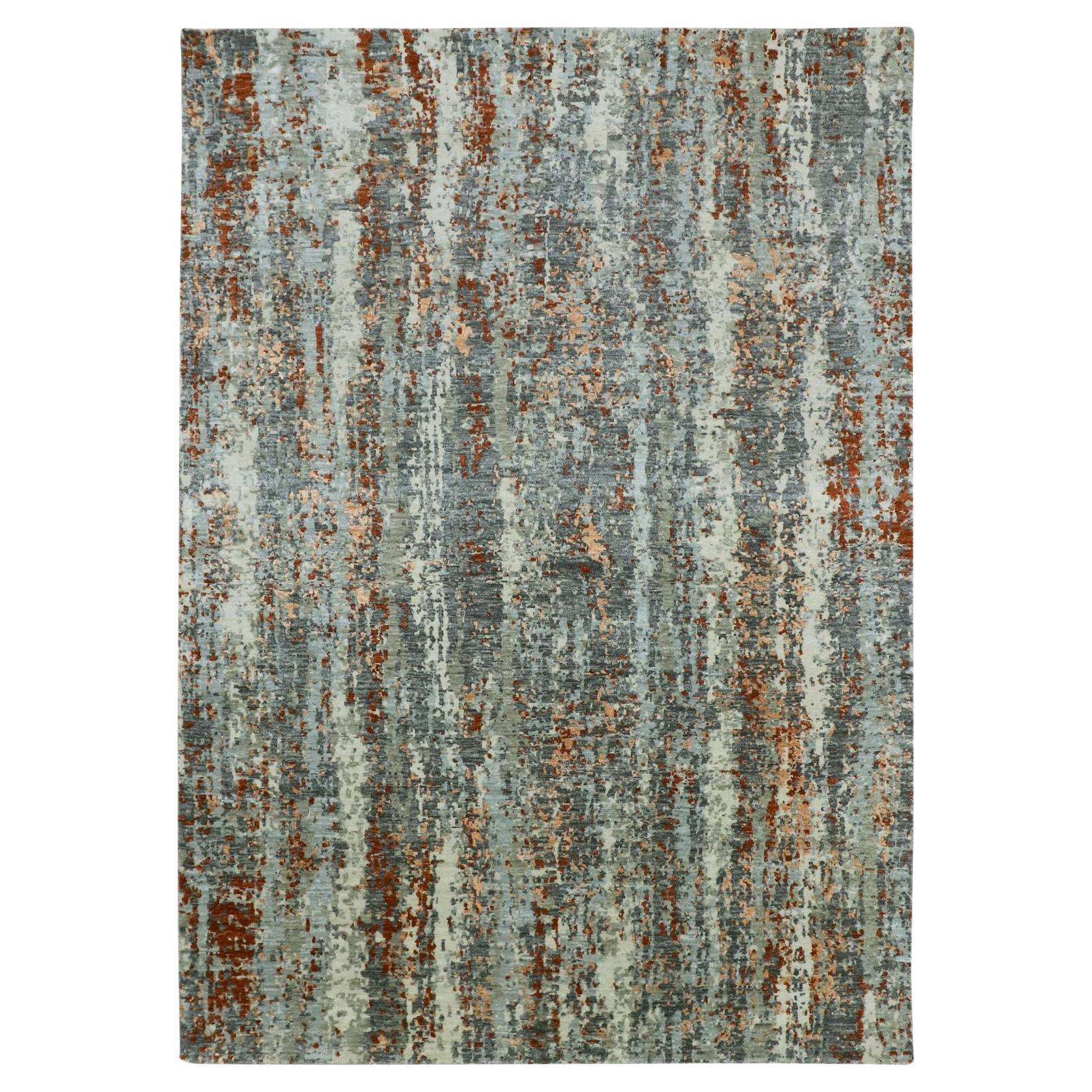 6'x8'6" Gray with Rust Abstract with Galaxy Design Hand Knotted Pure Wool Rug