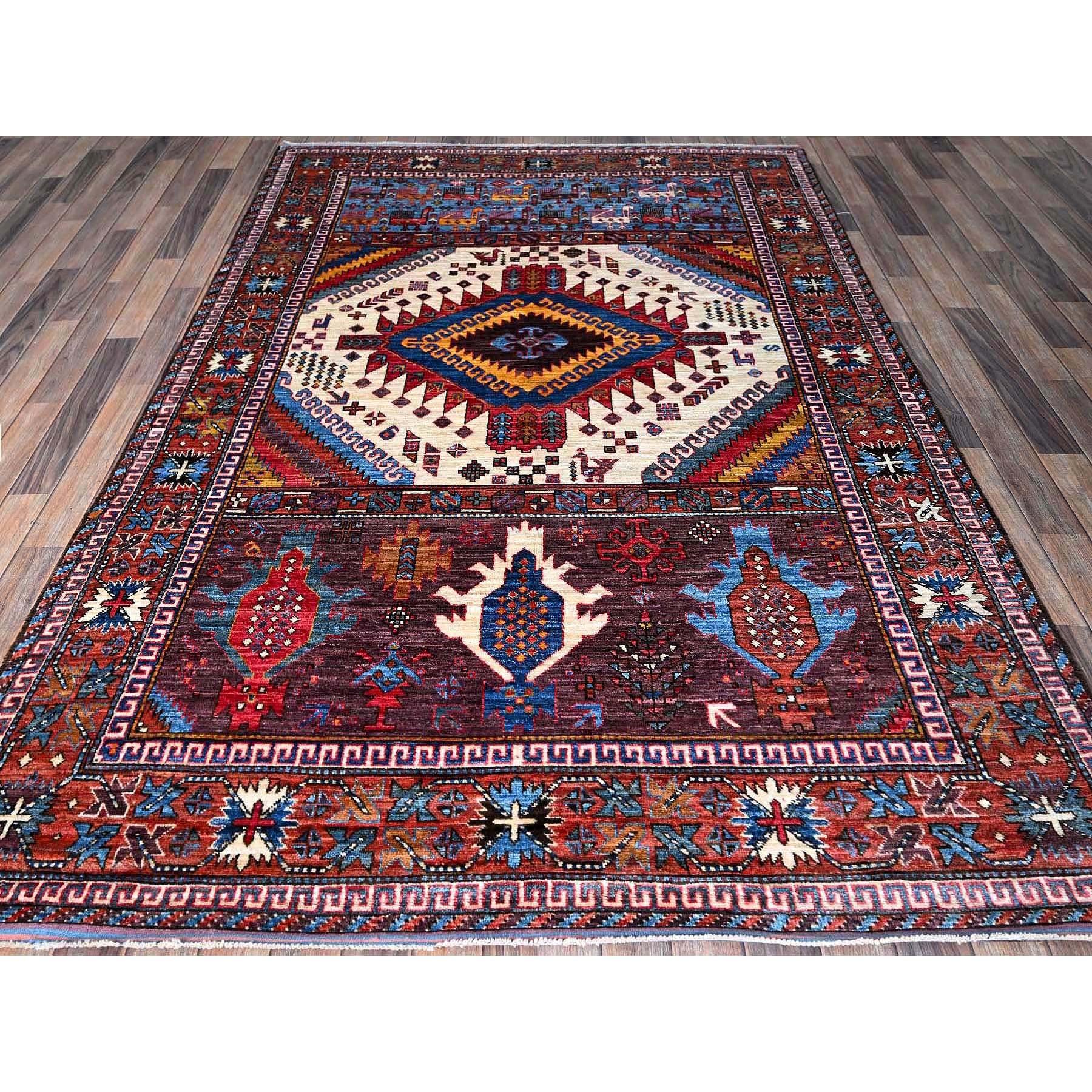 Revival Tapis entièrement noué à la main, ivoire, afghan Ersari, design caucasien, 6'x8'6