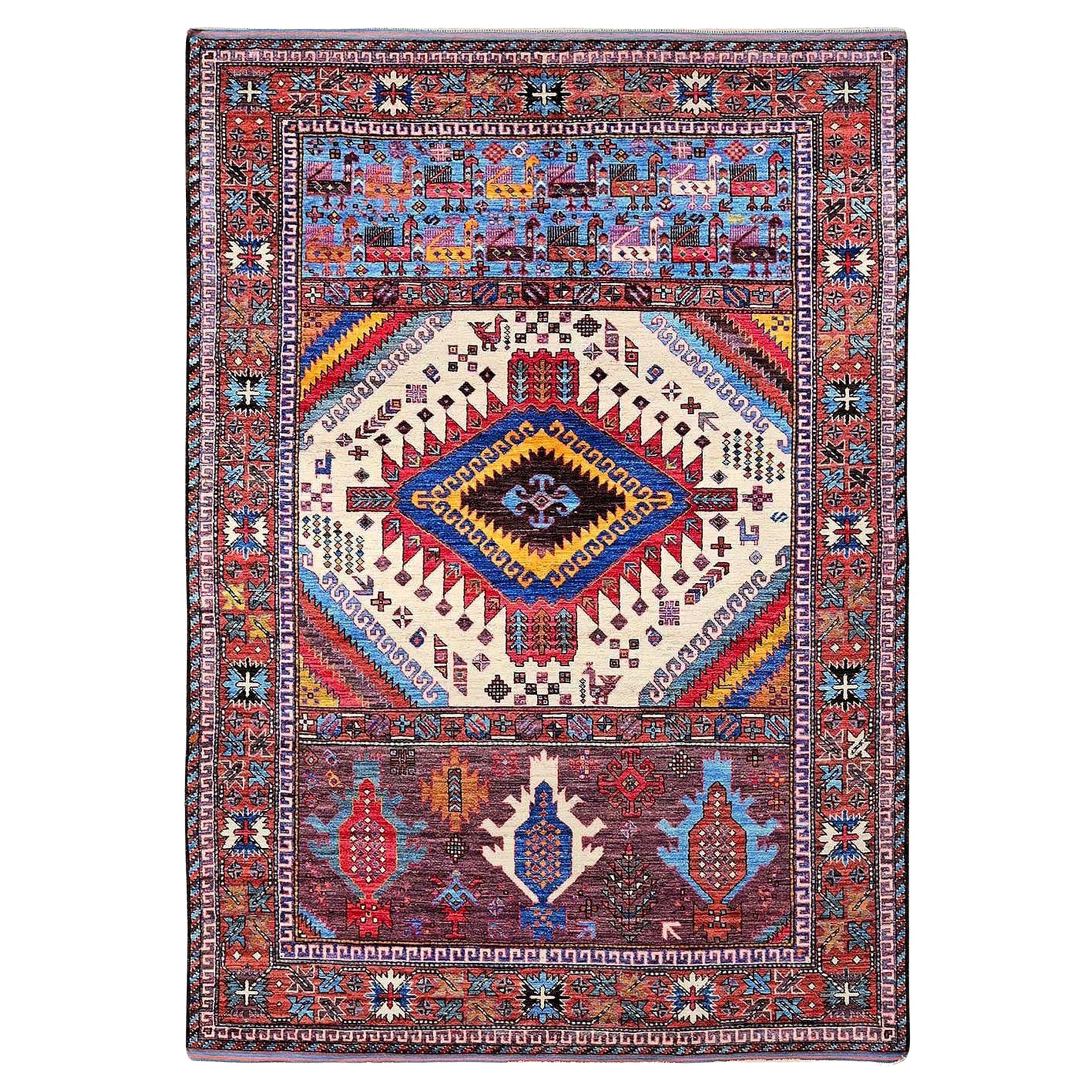 6'x8'6" Ivory Afghan Ersari Caucasian Design Revival Hand Knotted All Wool Rug
