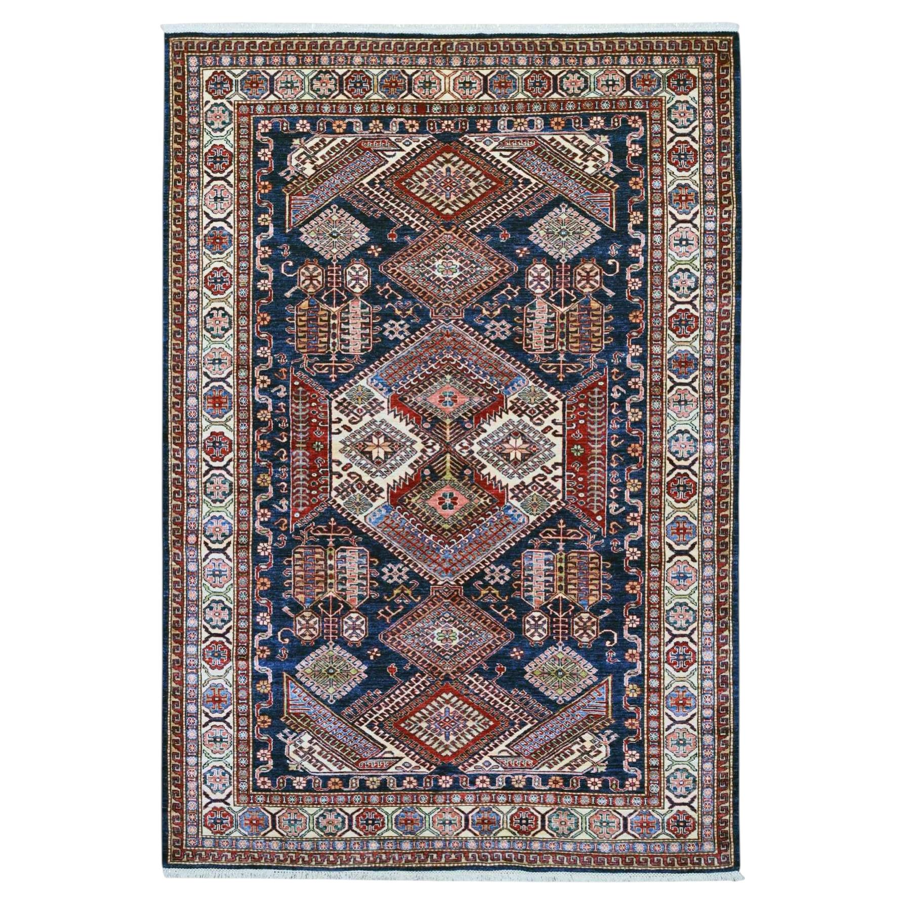 6'x8'7" Blue Afghan Super Kazak with Geometric Design Hand Knotted Wool Rug