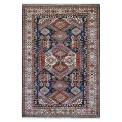 6'x8'7" Blue Afghan Super Kazak with Geometric Design Hand Knotted Wool Rug