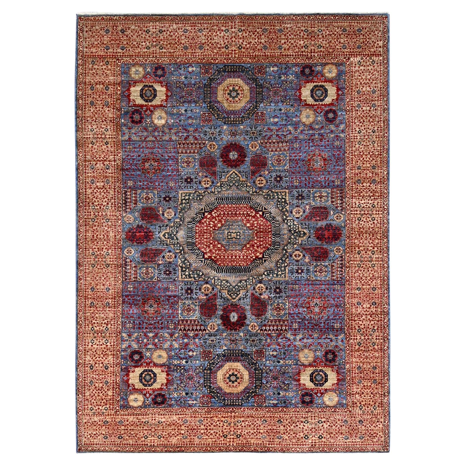 6'x8'7" Blauer handgeknüpfter 200 KPSI Wolle Pflanzenfarben Mamluken-Dynastie-Teppich
